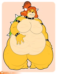 Size: 988x1280 | Tagged: suggestive, alternate version, artist:graybluestudios, bowser (mario), isabelle (animal crossing), fictional species, koopa, reptile, anthro, animal crossing, mario (series), nintendo, 2016, big breasts, breasts, crossover, fat, featureless breasts, female, fusion, hair, hand on abdomen, hand on hip, horn, huge belly, kneeling, nudity, partial nudity, patreon logo, red hair, shell, solo, solo female, spiked wristband, thick thighs, thighs, url, wristband, yellow scales