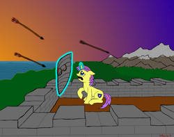 Size: 2679x2106 | Tagged: safe, artist:romulus4444, oc, oc only, equine, fictional species, mammal, pony, unicorn, feral, friendship is magic, hasbro, my little pony, 2019, arrow, arrows, castle, female, gift art, glowing, glowing horn, grass, high res, horn, mare, mountain, offspring, parent:princess cadance (mlp), parent:shining armor (mlp), scared, secret santa, shield, solo, solo female, sunset, tail, telekinesis