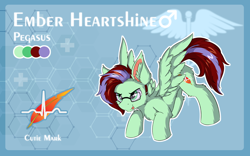 Size: 1920x1200 | Tagged: safe, artist:lunarfroxy, oc, oc only, oc:ember heartshine, equine, fictional species, mammal, pegasus, pony, feral, friendship is magic, hasbro, my little pony, 8:5, :p, blep, character name, cutie mark, ear fluff, face down ass up, feathered wings, feathers, fluff, fur, glasses, green body, green eyes, green fur, male, outline, reference sheet, solo, solo male, spread wings, stallion, tail, text, tongue, tongue out, white outline, wings