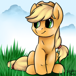 Size: 1000x1000 | Tagged: safe, artist:intfighter, applejack (mlp), earth pony, equine, fictional species, mammal, pony, feral, friendship is magic, hasbro, my little pony, clothes, cloud, cowboy hat, female, freckles, grass, hat, mare, outdoors, signature, sitting, smiling, solo, solo female, tail