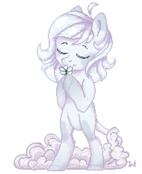 Size: 687x838 | Tagged: safe, artist:intfighter, oc, oc only, equine, mammal, pony, feral, friendship is magic, hasbro, my little pony, 2017, ambiguous gender, bipedal, eyes closed, flower, piebald colouring, pixel art, simple background, sniffing, solo, solo ambiguous, tail, white background
