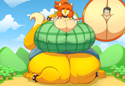 Size: 1152x792 | Tagged: suggestive, artist:jaehthebird, bowser (mario), isabelle (animal crossing), human, mammal, reptile, anthro, animal crossing, mario (series), nintendo, 2018, bottomwear, breasts, butt, cleavage, clothes, collar, commission, duo, female, fusion, glasses, huge breasts, huge butt, human/anthro, hyper, hyper breasts, hyper hourglass figure, hyper thighs, interspecies, kneeling, macro, male, partial nudity, size difference, skirt, spiked collar, spiked wristband, tail, topless, wristband, yellow scales
