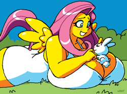 Size: 666x496 | Tagged: suggestive, artist:woot, angel bunny (mlp), fluttershy (mlp), equine, fictional species, lagomorph, mammal, pegasus, pony, rabbit, anthro, feral, friendship is magic, hasbro, my little pony, 2020, anthrofied, blushing, breasts, butt, clothes, curvy, dress, duo, eyes closed, female, fur, grass, hair, hourglass figure, huge butt, huge thighs, hyper, hyper breasts, hyper hourglass figure, lying down, lying on stomach, male, mane, open mouth, pink hair, pink mane, prone, tail, wings, yellow fur