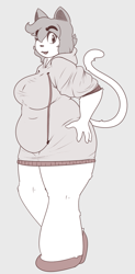Size: 525x1067 | Tagged: safe, artist:deloco, oc, oc only, oc:penny (anaugi), cat, feline, mammal, anthro, 2018, big belly, big breasts, breasts, clothes, fat, female, gray background, hand on hip, hoodie, looking at you, monochrome, one eye closed, overweight, simple background, solo, solo female, tail, thick thighs, thighs, topwear
