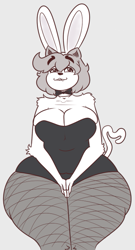 Size: 375x697 | Tagged: safe, artist:deloco, part of a set, oc, oc only, oc:penny (anaugi), cat, feline, mammal, anthro, 2018, big breasts, breasts, bunny ears, bunny suit, cleavage, clothes, fangs, female, fishnet, fishnet stockings, front view, hyper, hyper thighs, legwear, limited palette, pear-shaped, playboy bunny, see-through, solo, solo female, stockings, tail, teeth