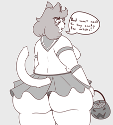 Size: 709x781 | Tagged: suggestive, artist:deloco, oc, oc only, oc:penny (anaugi), cat, feline, mammal, anthro, 2018, big breasts, bottomwear, breasts, butt, candy, clothes, dialogue, fat, female, food, furgonomics, halloween, holiday, huge butt, monochrome, overweight, panties, pear-shaped, pumpkin bucket, rear view, skirt, solo, solo female, speech bubble, tail, tail hole, talking, underwear