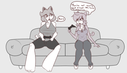 Size: 986x572 | Tagged: safe, artist:deloco, part of a set, aeris (vg cats), oc, oc:penny (anaugi), cat, feline, mammal, anthro, vg cats, 2018, big breasts, bottomwear, breasts, cleavage, clothes, couch, crossover, dialogue, duo, duo female, english text, female, game controller, jeans, jewelry, limited palette, looking at each other, necklace, pants, speech bubble, t-shirt, tail, talking, text, topwear