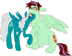 Size: 1292x999 | Tagged: safe, artist:calykittycat, oc, oc only, oc:ember heartshine, oc:lily soul, equine, fictional species, mammal, pegasus, pony, feral, friendship is magic, hasbro, my little pony, blushing, commission, duo, feathered wings, feathers, female, flustered, glasses, male, simple background, snuggling, tail, transparent background, wings