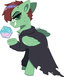 Size: 1670x2013 | Tagged: safe, artist:dinohorse, oc, oc only, oc:ember heartshine, equine, fictional species, mammal, pegasus, pony, feral, friendship is magic, hasbro, my little pony, black cloak, black clothing, cape, clothes, colored pupils, d20, dice, ears, feathered wings, feathers, glasses, green eyes, hair, looking at you, looking back, looking back at you, male, mane, round glasses, simple background, smiling, smirk, solo, solo male, stallion, tail, transparent background, wings