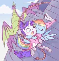 Size: 752x776 | Tagged: safe, artist:raridashdoodles, rainbow dash (mlp), rarity (mlp), spike (mlp), dragon, equine, fictional species, mammal, pegasus, pony, reptile, scaled dragon, unicorn, western dragon, feral, friendship is magic, hasbro, my little pony, 2d, castle, claws, clothes, cloud, dress, eyes closed, feathered wings, feathers, female, female/female, horn, knight, male, raridash (mlp), role reversal, rope, shipping, tail, tomboy taming, webbed wings, wings