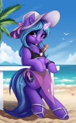 Size: 1024x1649 | Tagged: safe, artist:lightly-san, oc, oc only, oc:eleana tih, equine, fictional species, mammal, pony, unicorn, feral, friendship is magic, hasbro, my little pony, beach, bikini, bipedal, blep, clothes, female, food, glowing, glowing horn, hat, horn, looking at you, mare, popsicle, sand, shoes, solo, solo female, swimsuit, tail, tongue, tongue out, water