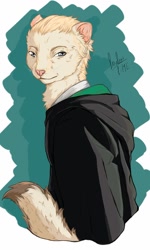 Size: 768x1280 | Tagged: safe, artist:blue_formalin, ferret, mammal, mustelid, anthro, 2016, ambiguous gender, clothes, draco malfoy (harry potter), looking at you, looking back, looking back at you, signature, simple background, solo, solo ambiguous, species swap, tail, white background