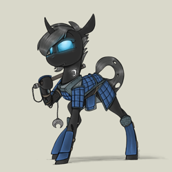 Size: 950x950 | Tagged: safe, artist:sinrar, oc, oc only, oc:rook, arthropod, changeling, equine, fictional species, mammal, feral, friendship is magic, hasbro, my little pony, armor, commission, fantasy, female, glowing, glowing eyes, gray background, horn, simple background, solo, solo female, tail, weapon