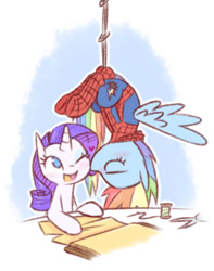 Size: 464x589 | Tagged: safe, artist:raridashdoodles, rainbow dash (mlp), rarity (mlp), spider-man (marvel), equine, fictional species, mammal, pegasus, pony, unicorn, feral, friendship is magic, hasbro, marvel, my little pony, blushing, crossover, duo, feathered wings, feathers, female, female/female, feral/feral, heart, horn, kissing, mare, raridash (mlp), request art, scissors, sewing, shipping, tail, thread, upside down, upside down kiss, wings