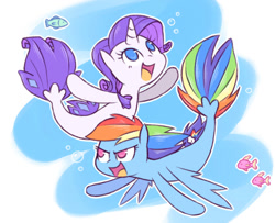 Size: 1012x822 | Tagged: safe, artist:raridashdoodles, rainbow dash (mlp), rarity (mlp), equine, fictional species, fish, mammal, pony, seapony, feral, friendship is magic, hasbro, my little pony, my little pony: the movie, bubbles, duo, duo female, female, female/female, fins, fish tail, horn, mare, ocean, raridash (mlp), shipping, signature, species swap, tail, water