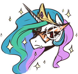 Size: 982x935 | Tagged: safe, artist:riddle-kay, princess celestia (mlp), alicorn, equine, fictional species, mammal, pony, feral, friendship is magic, hasbro, my little pony, female, frowning, glasses, horn, simple background, solo, solo female, sparkles, sparkly mane, white background
