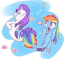 Size: 963x885 | Tagged: safe, artist:raridashdoodles, rainbow dash (mlp), rarity (mlp), equine, fictional species, fish, mammal, pony, seapony, feral, friendship is magic, hasbro, my little pony, my little pony: the movie, :o, bubbles, duo, duo female, female, female/female, fins, fish tail, heart, horn, ocean, open mouth, raridash (mlp), shipping, sparkles, species swap, tail, water