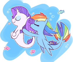 Size: 996x857 | Tagged: safe, artist:raridashdoodles, rainbow dash (mlp), rarity (mlp), equine, fictional species, fish, mammal, pony, seapony, feral, friendship is magic, hasbro, my little pony, my little pony: the movie, bubbles, duo, duo female, female, female/female, feral/feral, fins, fish tail, heart, horn, kissing, ocean, raridash (mlp), shipping, species swap, tail, water