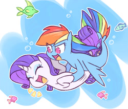 Size: 963x819 | Tagged: safe, artist:raridashdoodles, rainbow dash (mlp), rarity (mlp), equine, fictional species, fish, mammal, pony, seapony, feral, friendship is magic, hasbro, my little pony, my little pony: the movie, black outline, bubbles, double outline, duo, duo female, eyes closed, eyeshadow, female, female/female, fins, fish tail, hooves, horn, laughing, makeup, ocean, open mouth, pink eyes, raridash (mlp), shipping, species swap, tail, tongue, water, white outline