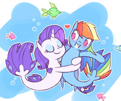 Size: 992x833 | Tagged: safe, artist:raridashdoodles, rainbow dash (mlp), rarity (mlp), equine, fictional species, fish, mammal, pony, seapony, feral, friendship is magic, hasbro, my little pony, my little pony: the movie, blushing, bubbles, duo, duo female, eyes closed, female, female/female, fins, fish tail, heart, horn, hug, ocean, raridash (mlp), shipping, smiling, species swap, tail, water