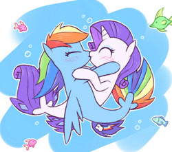 Size: 963x852 | Tagged: safe, artist:raridashdoodles, rainbow dash (mlp), rarity (mlp), equine, fictional species, fish, mammal, pegasus, pony, seapony, feral, friendship is magic, hasbro, my little pony, my little pony: the movie, blushing, bubbles, duo, duo female, eyes closed, female, female/female, feral/feral, fins, fish tail, horn, hug, kissing, ocean, raridash (mlp), shipping, smiling, species swap, tail, water
