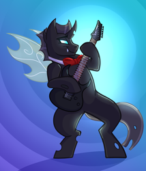 Size: 3500x4093 | Tagged: safe, artist:ambi, oc, oc only, oc:suskii, arthropod, changeling, equine, fictional species, feral, friendship is magic, hasbro, my little pony, bipedal, blue background, bow tie, clothes, guitar, high res, horn, insect wings, male, musical instrument, simple background, smiling, solo, solo male, tail