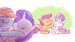 Size: 761x430 | Tagged: safe, artist:raridashdoodles, rainbow dash (mlp), rarity (mlp), scootaloo (mlp), sweetie belle (mlp), equine, fictional species, mammal, pegasus, pony, unicorn, feral, friendship is magic, hasbro, my little pony, eyes closed, feathered wings, feathers, female, female/female, feral/feral, filly, foal, heart, horn, hug, imitation, kissing, mare, raridash (mlp), rejected, tail, wings, young