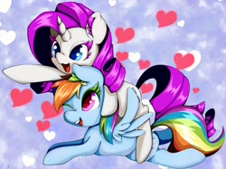 Size: 2031x1519 | Tagged: safe, artist:zokkili, rainbow dash (mlp), rarity (mlp), equine, fictional species, mammal, pegasus, pony, unicorn, feral, friendship is magic, hasbro, my little pony, duo, duo female, feathered wings, feathers, female, female/female, heart, horn, mare, open mouth, pointing, raridash (mlp), shipping, smiling, tail, wings