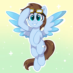 Size: 1800x1800 | Tagged: safe, artist:oofycolorful, oc, oc only, oc:cloud hop, equine, fictional species, mammal, pegasus, pony, feral, friendship is magic, hasbro, my little pony, brown hair, feathered wings, feathers, fluff, front view, goggles, hair, hooves, looking at you, male, smiling, smiling at you, solo, solo male, sparkles, spread wings, tail, tail fluff, wings