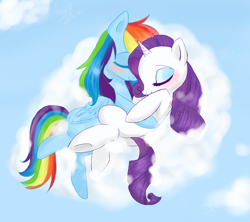 Size: 1000x888 | Tagged: dead source, safe, artist:lavender1983, rainbow dash (mlp), rarity (mlp), equine, fictional species, mammal, pegasus, pony, unicorn, feral, friendship is magic, hasbro, my little pony, blushing, cloud, cuddling, duo, duo female, eyes closed, eyeshadow, feathered wings, feathers, female, female/female, horn, hug, makeup, mare, on a cloud, raridash (mlp), shipping, sky, snuggling, tail, wings