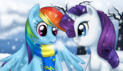 Size: 1324x768 | Tagged: dead source, safe, artist:melancholysanctuary, rainbow dash (mlp), rarity (mlp), equine, fictional species, mammal, pegasus, pony, unicorn, feral, friendship is magic, hasbro, my little pony, clothes, duo, duo female, female, female/female, horn, looking at each other, mare, open mouth, raridash (mlp), scarf, shipping, snow, tail, tree