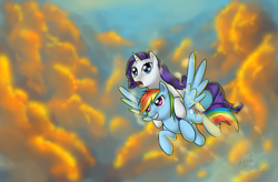 Size: 1600x1050 | Tagged: dead source, safe, artist:melancholysanctuary, rainbow dash (mlp), rarity (mlp), equine, fictional species, mammal, pegasus, pony, unicorn, feral, friendship is magic, hasbro, my little pony, :o, carrying, cloud, duo, duo female, feathered wings, feathers, female, female/female, flying, grin, happy, horn, mare, open mouth, raridash (mlp), shipping, sky, smiling, spread wings, tail, wings
