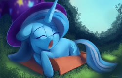 Size: 1280x823 | Tagged: safe, artist:auroriia, trixie (mlp), equine, fictional species, mammal, pony, unicorn, feral, friendship is magic, hasbro, my little pony, box, clothes, eyes closed, female, grass, hat, hooves, horn, lying down, open mouth, signature, sky, solo, solo female, tail, tree, yawning