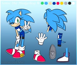 Size: 1024x871 | Tagged: safe, artist:karneolienne, sonic the hedgehog (sonic), hedgehog, mammal, anthro, plantigrade anthro, sega, sonic the hedgehog (series), 2020, blue background, female, gradient background, green eyes, looking at you, quills, reference sheet, rule 63, signature, simple background, solo, solo female, sonique, text, watermark