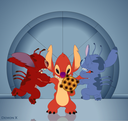 Size: 1489x1403 | Tagged: safe, artist:demonxtartarus, experiment 627 (lilo & stitch), leroy (lilo & stitch), stitch (lilo & stitch), alien, experiment (lilo & stitch), fictional species, semi-anthro, disney, lilo & stitch, 2014, ambiguous gender, antennae, back marking, back spines, blue fur, blue nose, ears, evil grin, eyes closed, fur, grin, group, head fluff, holding character, looking at you, multiple arms, occipital marking, purple nose, red fur, red nose, short tail, standing, strangling, tail, torn ear