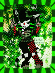 Size: 768x1024 | Tagged: safe, artist:g3tch00, oc, oc only, canine, mammal, sparkle dog, anthro, digitigrade anthro, 2018, abstract background, claws, ear piercing, female, glamfur, industrial piercing, looking at you, paws, piercing, scene fashion, signature, solo, solo female, tail
