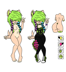 Size: 1539x1674 | Tagged: safe, artist:kikitheartistcat, oc, oc only, oc:neo (kikitheartistcat), feline, mammal, saber-toothed cat, anthro, digitigrade anthro, 2018, breasts, female, magenta eyes, paw pads, paws, reference sheet, scene fashion, simple background, solo, solo female, tail, transparent background, yellow eyes