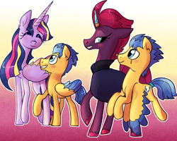 Size: 1500x1200 | Tagged: safe, artist:ch0c0butt, flash sentry (mlp), tempest shadow (mlp), twilight sparkle (mlp), alicorn, equine, fictional species, mammal, pegasus, pony, unicorn, feral, equestria girls, friendship is magic, hasbro, my little pony, my little pony: the movie, alternate hairstyle, bedroom eyes, blushing, clothes, eye scar, eyes closed, feathered wings, feathers, female, flashlight (mlp), flying, folded wings, grin, hooves, horn, looking at each other, male, male/female, prosthetic horn, prosthetics, raised hoof, raised leg, robe, scar, shipping, size difference, smiling, tail, tempestsentry (mlp), wings