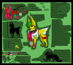 Size: 1385x1228 | Tagged: safe, artist:pinkscooby54, oc, oc only, oc:mika (pinkscooby54), demon, eeveelution, fictional species, jolteon, mammal, feral, nintendo, pokémon, 2008, female, glamfur, green background, oekaki, paw pads, paws, reference sheet, scene fashion, simple background, solo, solo female, tail, text, watermark