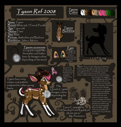 Size: 1184x1242 | Tagged: safe, artist:pinkscooby54, oc, oc only, oc:raya (pinkscooby54), oc:tyson (pinkscooby54), canine, cervid, deer, dog, equine, fictional species, hybrid, mammal, poodle, white-tailed deer, zebra, feral, 2008, abstract background, antlers, duo, english text, fawn, french poodle, green eyes, hooves, magenta eyes, male, male focus, oekaki, reference sheet, signature, solo focus, tail, text, watermark, young