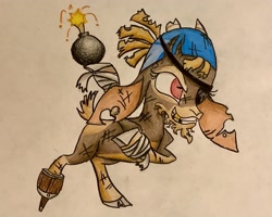 Size: 2357x1886 | Tagged: safe, artist:calebk64, shanty (tfh), bovid, goat, mammal, feral, them's fightin' herds, amputee, beard, cloven hooves, colored pencil drawing, eyepatch, female, grenade, high res, holding, hoof hold, hooves, injured, missing teeth, peg leg, prosthetic leg, prosthetic limb, prosthetics, simple background, solo, solo female, tail, traditional art, white background