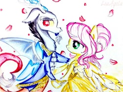 Size: 480x360 | Tagged: safe, artist:liaaqila, beast (beauty and the beast), belle (beauty and the beast), discord (mlp), fluttershy (mlp), draconequus, equine, fictional species, mammal, pegasus, pony, semi-anthro, beauty and the beast, disney, friendship is magic, hasbro, my little pony, cosplay, crossover, cute, dancing, discoshy (mlp), female, low res, male, male/female, mare, shipping, traditional art