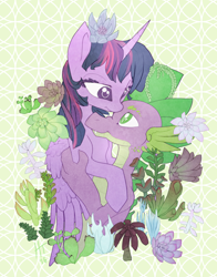 Size: 1006x1280 | Tagged: safe, artist:heckticket, spike (mlp), twilight sparkle (mlp), alicorn, dragon, equine, fictional species, mammal, pony, anthro, feral, friendship is magic, hasbro, my little pony, female, horn, male, male/female, mare, older, shipping, twispike (mlp)