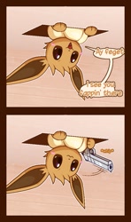Size: 629x1060 | Tagged: safe, artist:r-mk, eevee, eeveelution, fictional species, feral, nintendo, pokémon, :3, ambiguous gender, blushing, border, ceiling cat, english text, gun, handgun, holding, meme, onomatopoeia, paw hold, paws, pistol, pure unfiltered evil, reaction image, smiling, solo, solo ambiguous, swearing, text, vulgar, weapon
