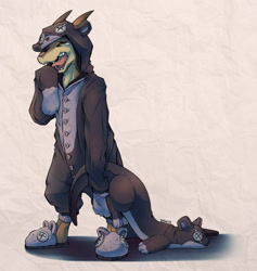 Size: 891x940 | Tagged: safe, artist:draite, fictional species, kobold, lizard, reptile, anthro, clothes, costume, kigurumi, open mouth, plushie, simple background, slippers, solo, standing, white background, yawning