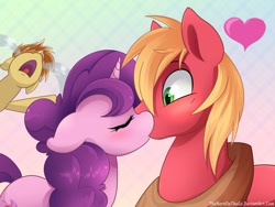 Size: 1000x753 | Tagged: safe, artist:thenornonthego, big macintosh (mlp), feather bangs (mlp), sugar belle (mlp), earth pony, equine, fictional species, mammal, pony, unicorn, feral, friendship is magic, hasbro, my little pony, female, horn, kissing, male, male/female, mare, shipping, stallion, sugarmac (mlp), surprise kiss
