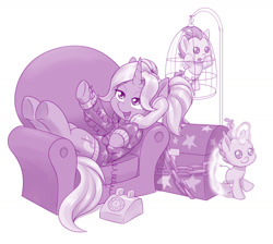 Size: 1280x1146 | Tagged: safe, artist:dstears, pound cake (mlp), pumpkin cake (mlp), trixie (mlp), equine, fictional species, mammal, pegasus, pony, unicorn, feral, friendship is magic, hasbro, my little pony, baby, cage, chair, chest, clothes, colt, female, filly, foal, hoodie, horn, lidded eyes, magic, male, phone, smiling, topwear, young