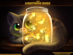 Size: 1000x750 | Tagged: safe, artist:cryptid-creations, arthropod, cat, feline, firefly, insect, mammal, feral, ambiguous gender, brown fur, cute, electricity, english text, fur, green eyes, group, jar, lightning, looking at something, paws, pun, signature, tail, text, visual pun, watermark