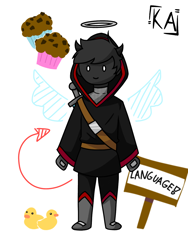Size: 900x1200 | Tagged: safe, alternate version, artist:knightsapprentice, oc, oc only, oc:badboyhalo, angel, bird, demon, duck, fictional species, hybrid, waterfowl, feral, humanoid, minecraft, youtube, angel wings, black hair, black skin, boots, chibi, clothes, cute, devil tail, english text, front view, gloves, hair, halo, hoodie, horns, looking at you, male, muffin, muffin trio, nephalem, rubber duck, shirt, shoes, sign, signature, simple background, smiling, solo, solo male, sword, tail, text, topwear, weapon, white background, white eyes, wings