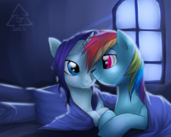 Size: 1280x1024 | Tagged: dead source, safe, artist:cat-cly, artist:melancholysanctuary, rainbow dash (mlp), rarity (mlp), equine, fictional species, mammal, pegasus, pony, unicorn, feral, friendship is magic, hasbro, my little pony, bed, blanket, duo, duo female, female, female/female, horn, mare, raridash (mlp), shipping, smiling, tail, window